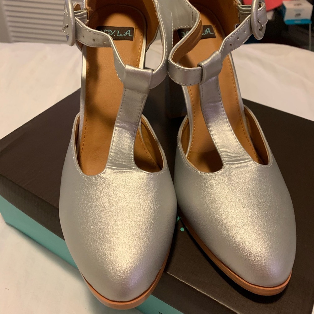 NYLA new silver pumps with chunky heels ModCloth